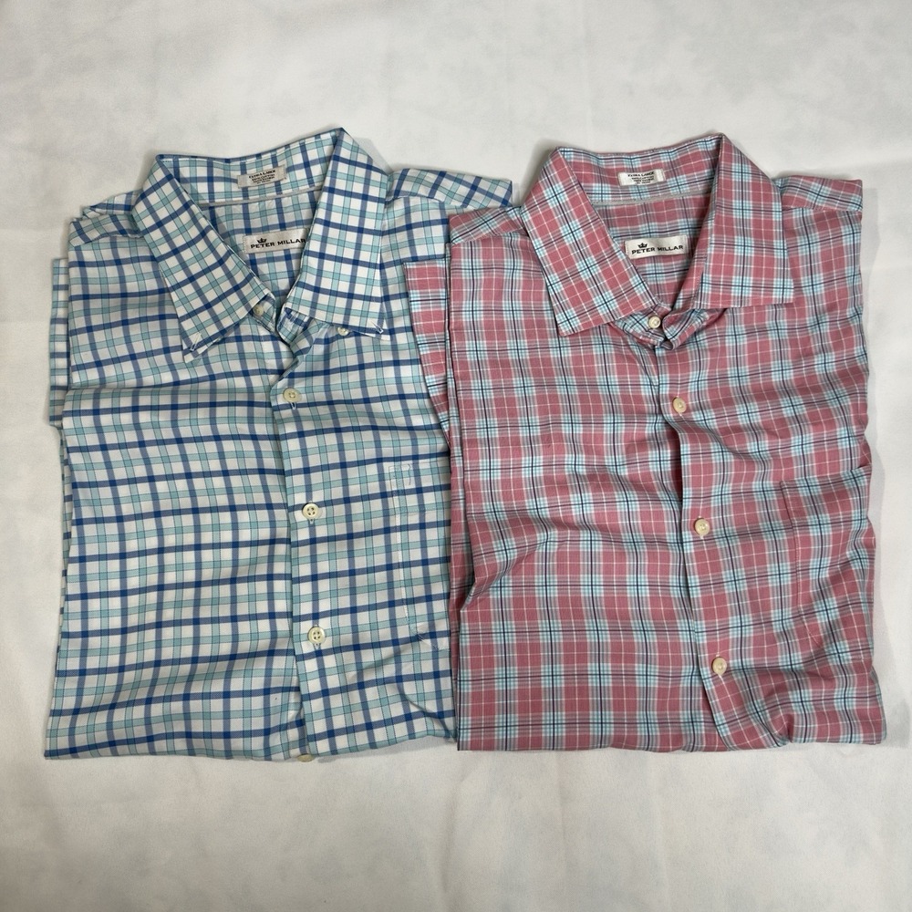 2 Peter Millar Men XL Button Shirt Pink Blue White Plaid Checked Ivy Preppy Golf